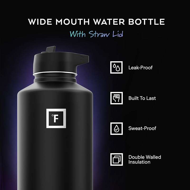 IRON °FLASK Camping & Hiking Hydration Flask with Straw, Wide Mouth Insulated Stainless Steel Sports Water Bottle - Midnight Black 64 oz - Straw (1 Lid) - Image 3