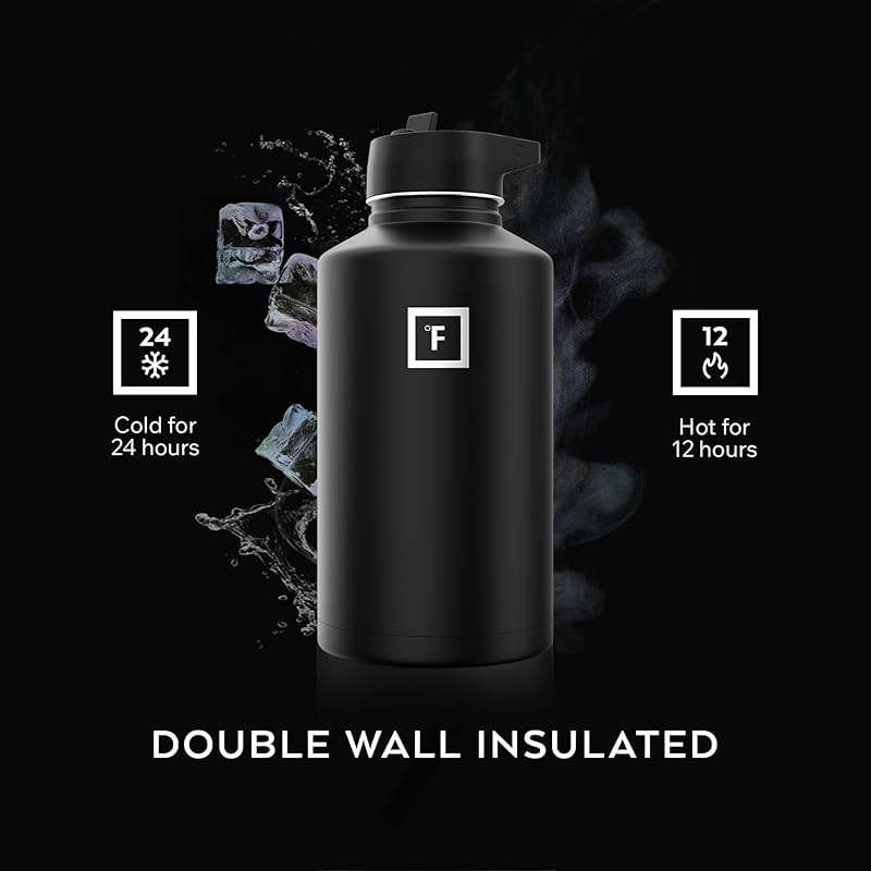 IRON °FLASK Camping & Hiking Hydration Flask with Straw, Wide Mouth Insulated Stainless Steel Sports Water Bottle - Midnight Black 64 oz - Straw (1 Lid) - Image 5