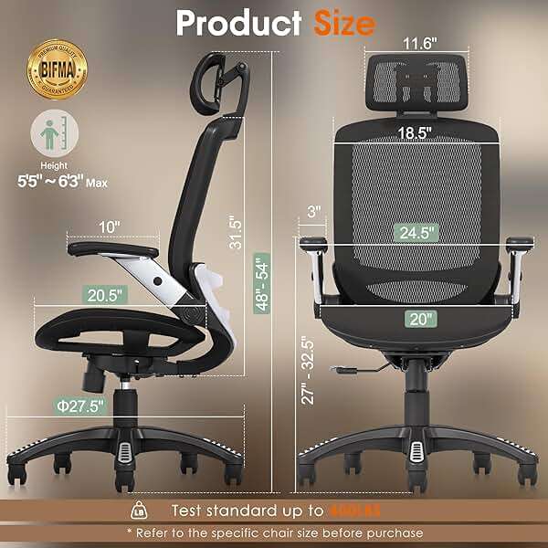 GABRYLLY Ergonomic Office Chair, High Back Home Desk Chair with Headrest, Flip-Up Arms, 90-120° Tilt Lock and Wide Cushion, Big and Tall Mesh Chairs for Man Woman, Black Task Chair - Image 2