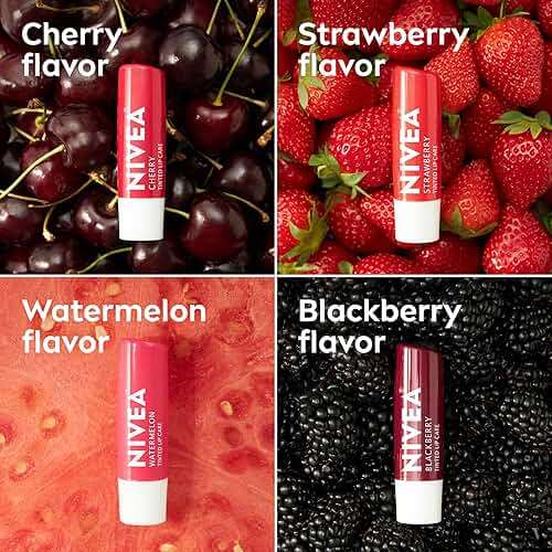 NIVEA Lip Care, Fruity Tinted Lip Balm Variety Pack, Cherry, Strawberry, Blackberry and Watermelon Flavors, 3-in-1 Moisture, Repair and Color, 0.17 Oz Stick, Pack of 4 - Image 5