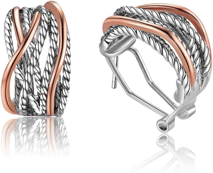 Mytys Two Tone Huggie Hoop Earrings Cross Over Design Twisted Rope Silver Gold Statement Wide Band Clip On Hoops for Women Fashion Jewelry Gift - Image 1