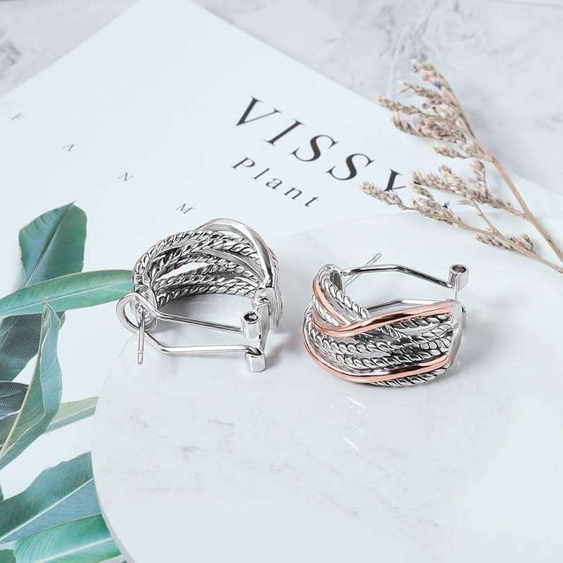 Mytys Two Tone Huggie Hoop Earrings Cross Over Design Twisted Rope Silver Gold Statement Wide Band Clip On Hoops for Women Fashion Jewelry Gift - Image 5