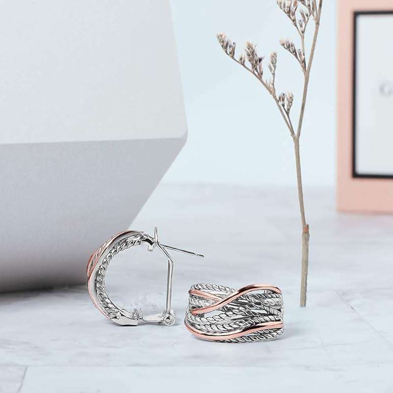 Mytys Two Tone Huggie Hoop Earrings Cross Over Design Twisted Rope Silver Gold Statement Wide Band Clip On Hoops for Women Fashion Jewelry Gift - Image 6