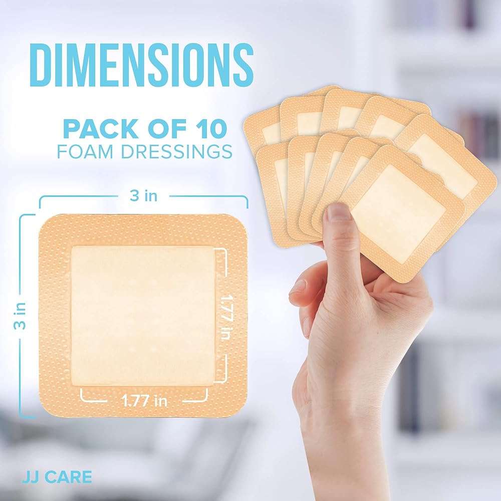 JJ CARE Silicone Foam Dressing 3x3 [Pack of 10], Silicone Bandages for Wounds, Waterproof Wound Dressing with Adhesive Border, Absorbent Bed Sore Bandages for Wound Care - Image 4