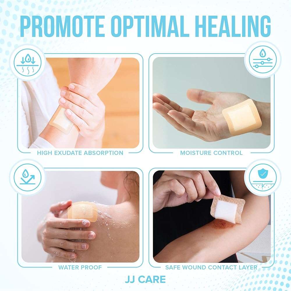 JJ CARE Silicone Foam Dressing 3x3 [Pack of 10], Silicone Bandages for Wounds, Waterproof Wound Dressing with Adhesive Border, Absorbent Bed Sore Bandages for Wound Care - Image 5