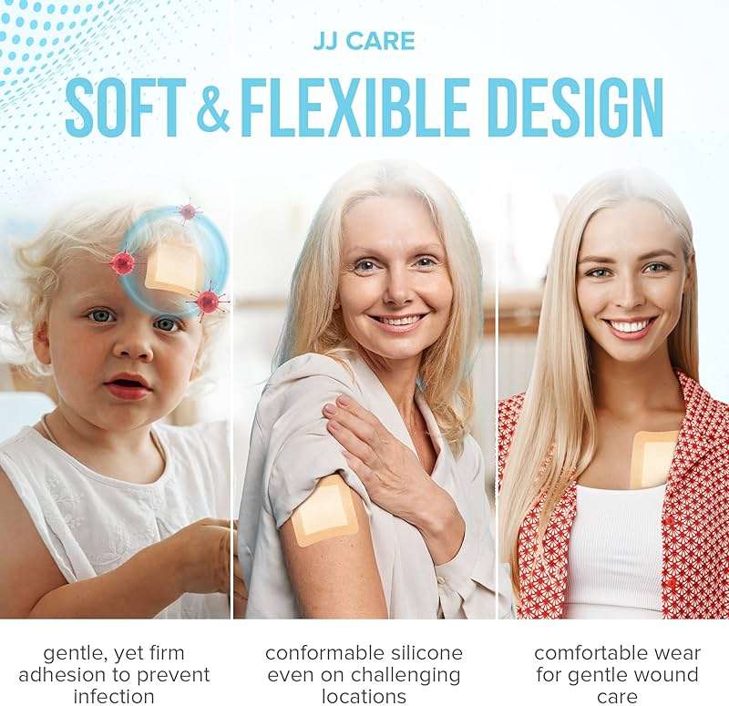 JJ CARE Silicone Foam Dressing 3x3 [Pack of 10], Silicone Bandages for Wounds, Waterproof Wound Dressing with Adhesive Border, Absorbent Bed Sore Bandages for Wound Care - Image 7