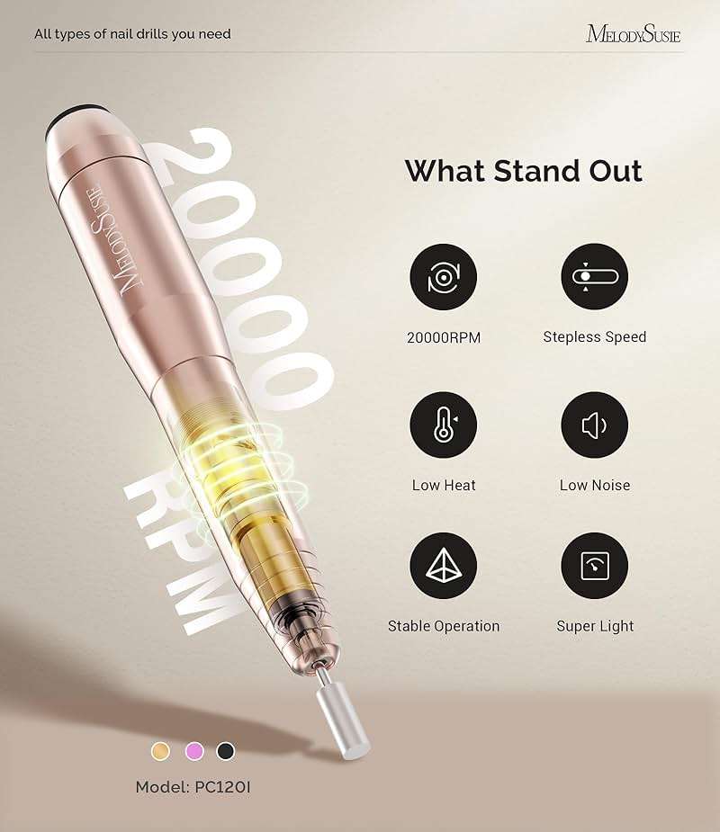 MelodySusie Pen-Shaped Portable USB Nail Drill, PC120I 20000RPM Electric Nail File with Compact Design for All Nail Care, Manicure Polishing, Shaping & Gel Removal at Home for Beginners - Image 4
