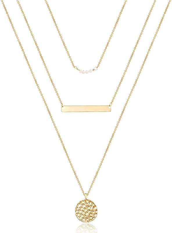 Turandoss Dainty Layered Choker Necklace, Handmade Y Pendant Necklace Multilayer Bar Disc Necklace Adjustable Layering Choker Necklaces for Women - Image 1