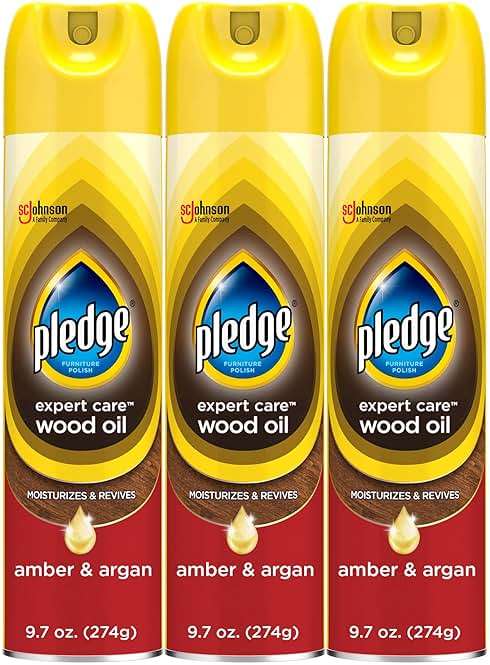 Pledge Moisturizing Wood Oil, Furniture Reviving & Protecting Conditioner and Dusting Spray, Revitalizes Wood, Sealed Leather & Laminate, Made with Mineral Oils - Amber & Argan Scent, 9.7oz, Pack of 3 - Image 1