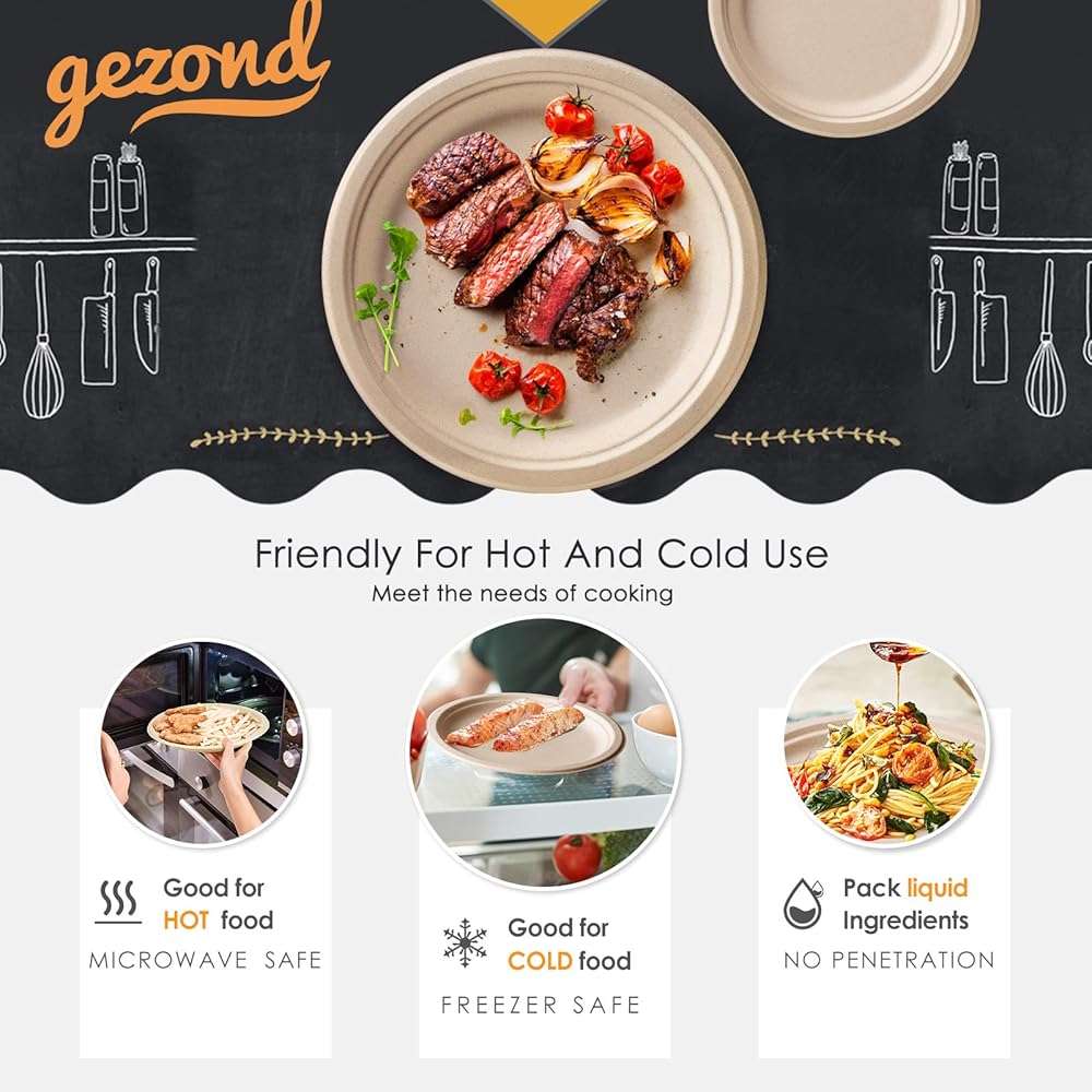 Gezond 250Pcs Disposable Paper Plates Set, Compostable Plate Sugarcane Utensils Eco Friendly Dinnerware Kit Includes 50 Biodegradable Plates, Forks, Knives and Spoons for Brithday Party Camping - Image 7
