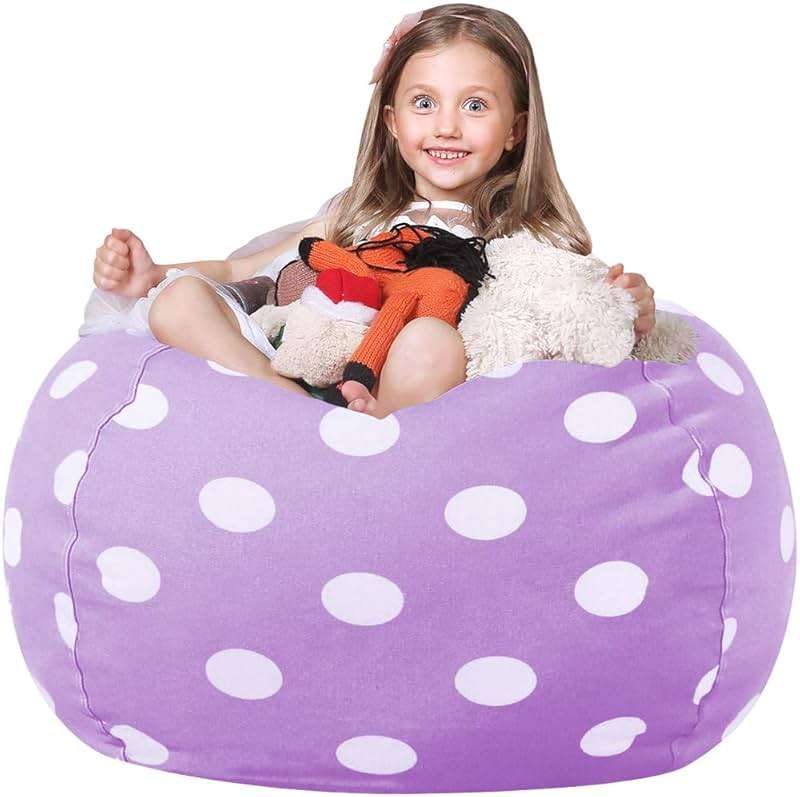WEKAPO Stuffed Animal Storage Bean Bag Chair Cover for Kids | Stuffable Zipper Beanbag for Organizing Children Plush Toys Large Premium Cotton Canvas (Purple Dot, X-Large) - Image 1