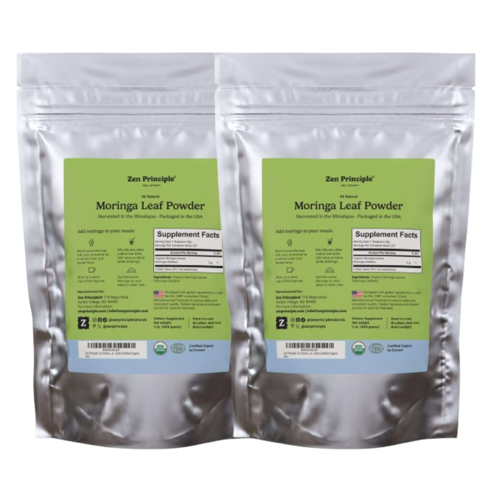 Zen Principle 2-Pack Premium Organic Moringa Oleifera Leaf Powder. USDA Certified Organic. - Image 1