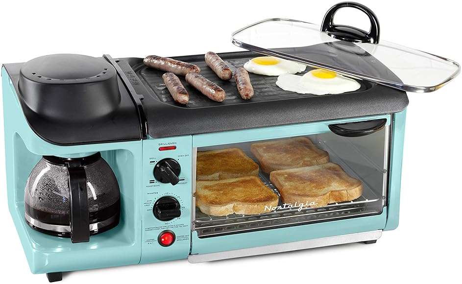 Nostalgia 3-in-1 Breakfast Station - Includes Coffee Maker, Non-Stick Griddle, and 4-Slice Toaster Oven - Versatile Breakfast Maker with Timer - Aqua - Image 1