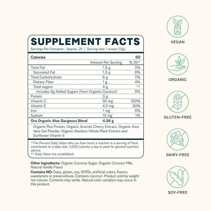 Ora Organic Vegan Collagen-Boosting Powder for Women and Men - Hair, Skin, & Nails Support - Bamboo Silica, Plant-Based Protein, Organic Vitamin C, Aloe Vera - Vanilla Flavor, 20 Servings - Image 5