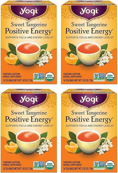 Yogi Sweet Tangerine Positive Energy Tea - 16 Tea Bags per Pack (4 Packs) - Organic Tangerine Energy Tea - Includes Black Tea Leaf, Yerba Mate Leaf, Ashwagandha Root & More - Image 1