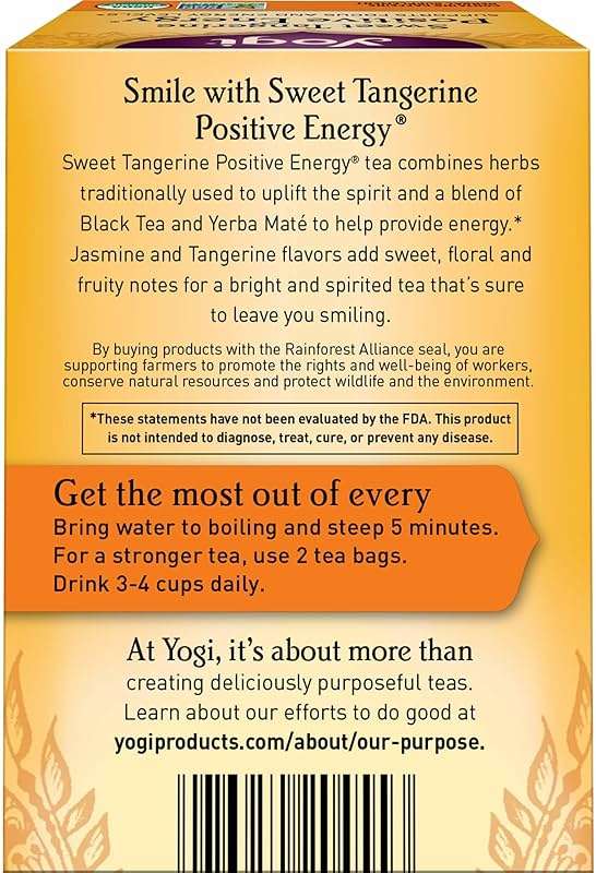 Yogi Sweet Tangerine Positive Energy Tea - 16 Tea Bags per Pack (4 Packs) - Organic Tangerine Energy Tea - Includes Black Tea Leaf, Yerba Mate Leaf, Ashwagandha Root & More - Image 3