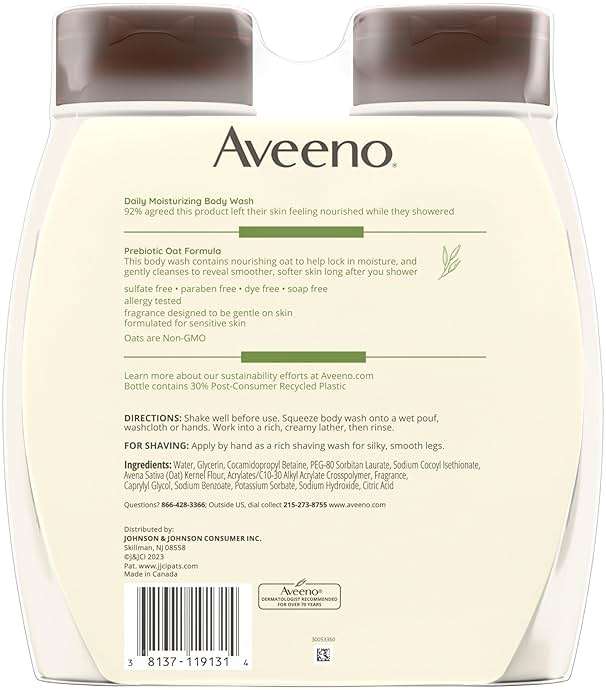 Aveeno Daily Moisturizing Body Wash Cleanser & Shaving Gel for Men & Women, Clean-Rinsing for Softer & Smoother Skin, Gentle & Lightly Scented, 18 fl. Oz, Pack of 2 - Image 7