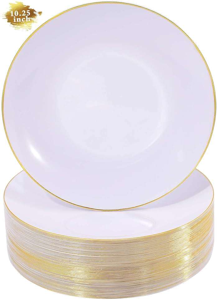 Nervure 100 Pieces Gold Plastic Plates - 10.25 inch Gold Dinner Plates - Heavyweight White and Gold Disposable Plates Ideal for Wedding & Party - Image 1