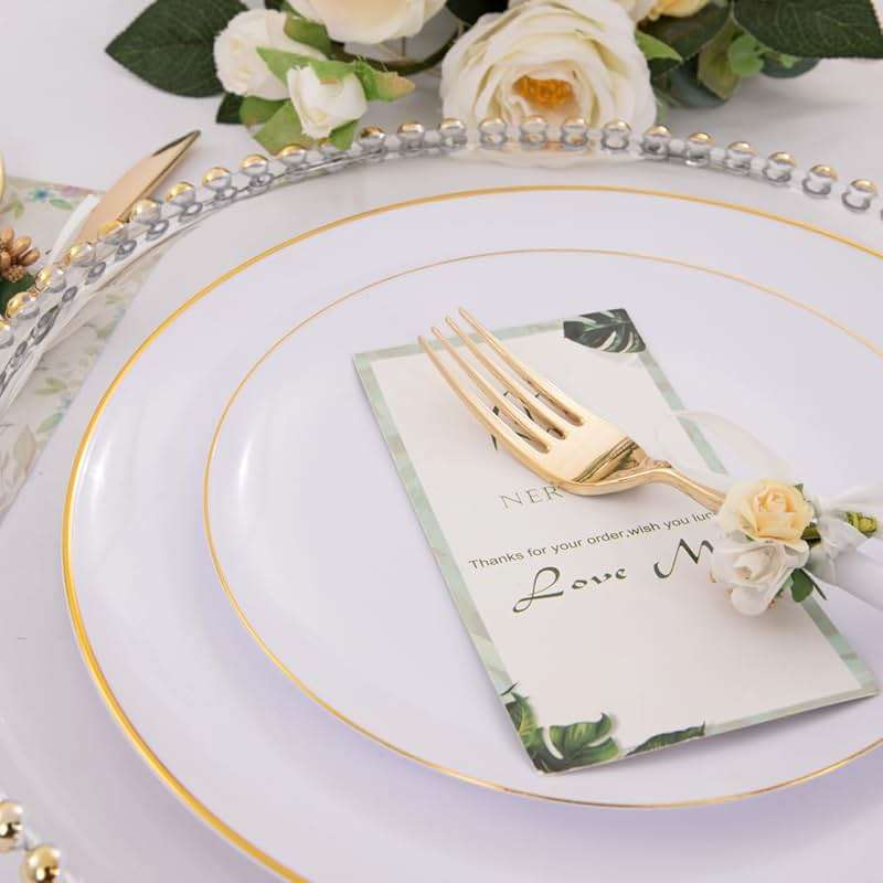 Nervure 100 Pieces Gold Plastic Plates - 10.25 inch Gold Dinner Plates - Heavyweight White and Gold Disposable Plates Ideal for Wedding & Party - Image 2
