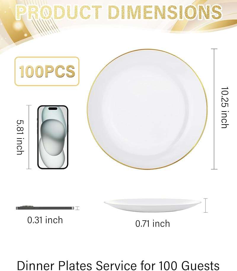 Nervure 100 Pieces Gold Plastic Plates - 10.25 inch Gold Dinner Plates - Heavyweight White and Gold Disposable Plates Ideal for Wedding & Party - Image 3
