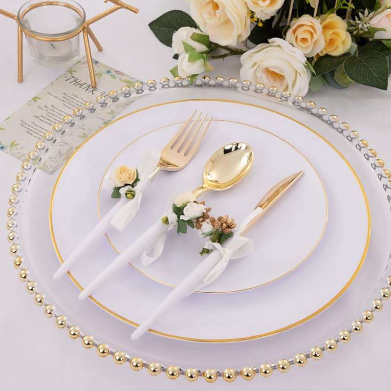 Nervure 100 Pieces Gold Plastic Plates - 10.25 inch Gold Dinner Plates - Heavyweight White and Gold Disposable Plates Ideal for Wedding & Party - Image 4