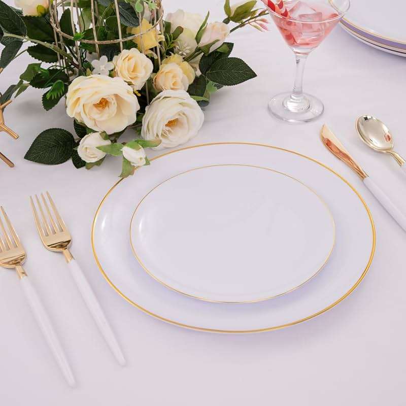 Nervure 100 Pieces Gold Plastic Plates - 10.25 inch Gold Dinner Plates - Heavyweight White and Gold Disposable Plates Ideal for Wedding & Party - Image 5