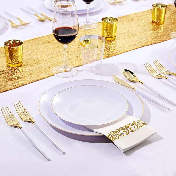 Nervure 100 Pieces Gold Plastic Plates - 10.25 inch Gold Dinner Plates - Heavyweight White and Gold Disposable Plates Ideal for Wedding & Party - Image 7