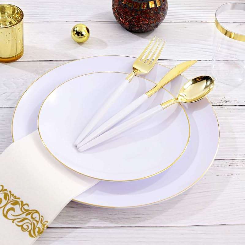 Nervure 100 Pieces Gold Plastic Plates - 10.25 inch Gold Dinner Plates - Heavyweight White and Gold Disposable Plates Ideal for Wedding & Party - Image 8