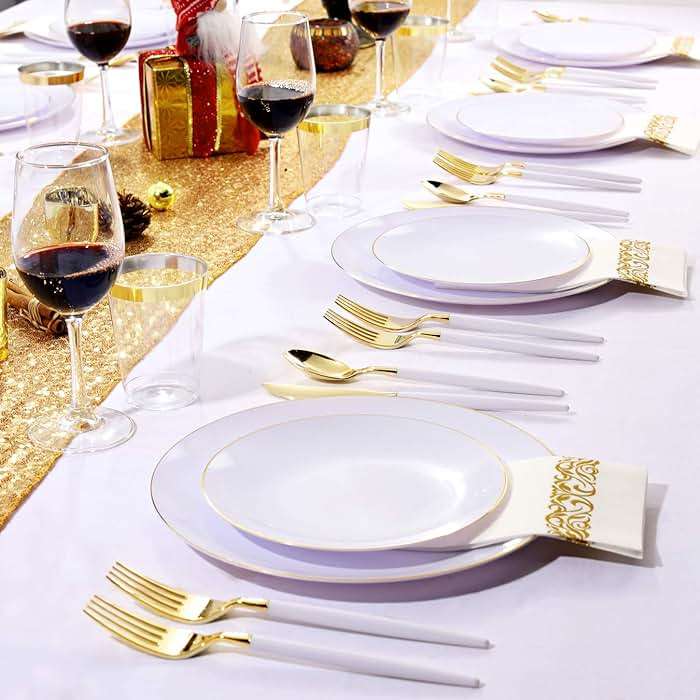 Nervure 100 Pieces Gold Plastic Plates - 10.25 inch Gold Dinner Plates - Heavyweight White and Gold Disposable Plates Ideal for Wedding & Party - Image 9