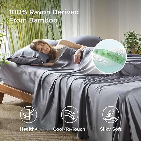 Bedsure Queen Sheet Set, Cooling Sheets for Queen Size Bed Set, Rayon Derived from Bamboo, PureWoven, Breathable & Soft, Deep Pocket Up to 16", Hotel Luxury Silky Bedding for Hot Sleepers, Dark Grey - Image 2