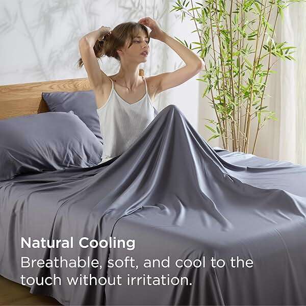 Bedsure Queen Sheet Set, Cooling Sheets for Queen Size Bed Set, Rayon Derived from Bamboo, PureWoven, Breathable & Soft, Deep Pocket Up to 16", Hotel Luxury Silky Bedding for Hot Sleepers, Dark Grey - Image 3