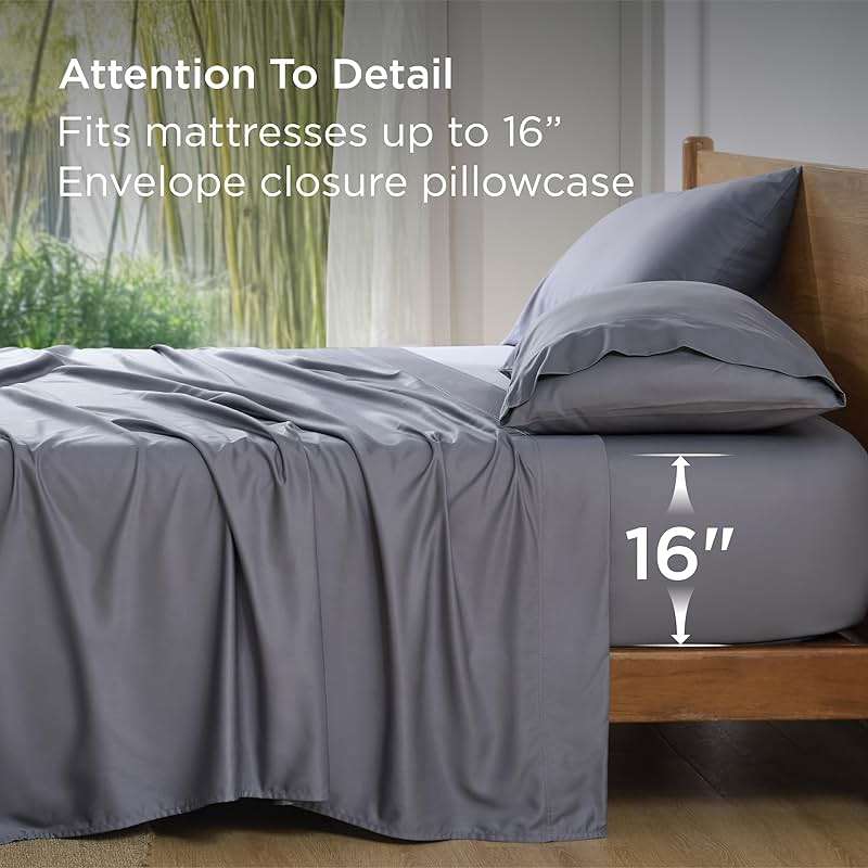 Bedsure Queen Sheet Set, Cooling Sheets for Queen Size Bed Set, Rayon Derived from Bamboo, PureWoven, Breathable & Soft, Deep Pocket Up to 16", Hotel Luxury Silky Bedding for Hot Sleepers, Dark Grey - Image 4