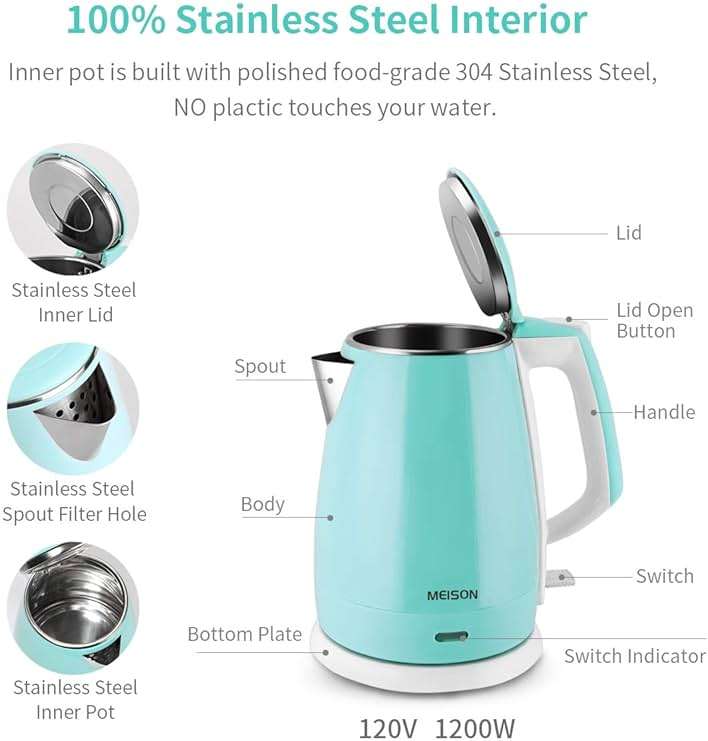 Electric Kettle(BPA Free), Double Wall Water Boiler Heater, Stainless Steel Interior, Cool Touch Coffee Pot & Tea Kettle, Auto Shut-Off and Boil-Dry Protection, 1.5L, 2 Year Warranty - Image 2