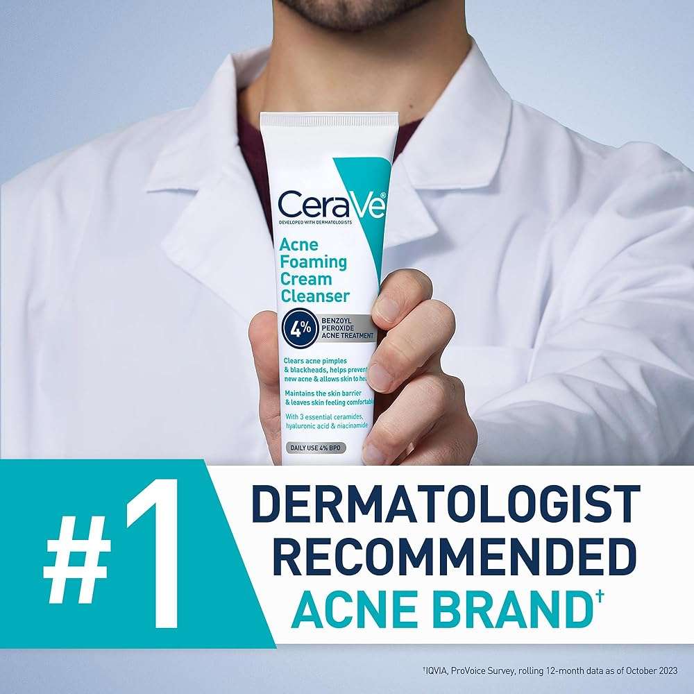 CeraVe Acne Foaming Cream Cleanser, 4% Benzoyl Peroxide Face Wash With Hyaluronic Acid, Niacinamide & Ceramides, Gentle Daily Acne Treatment For Face - Image 5