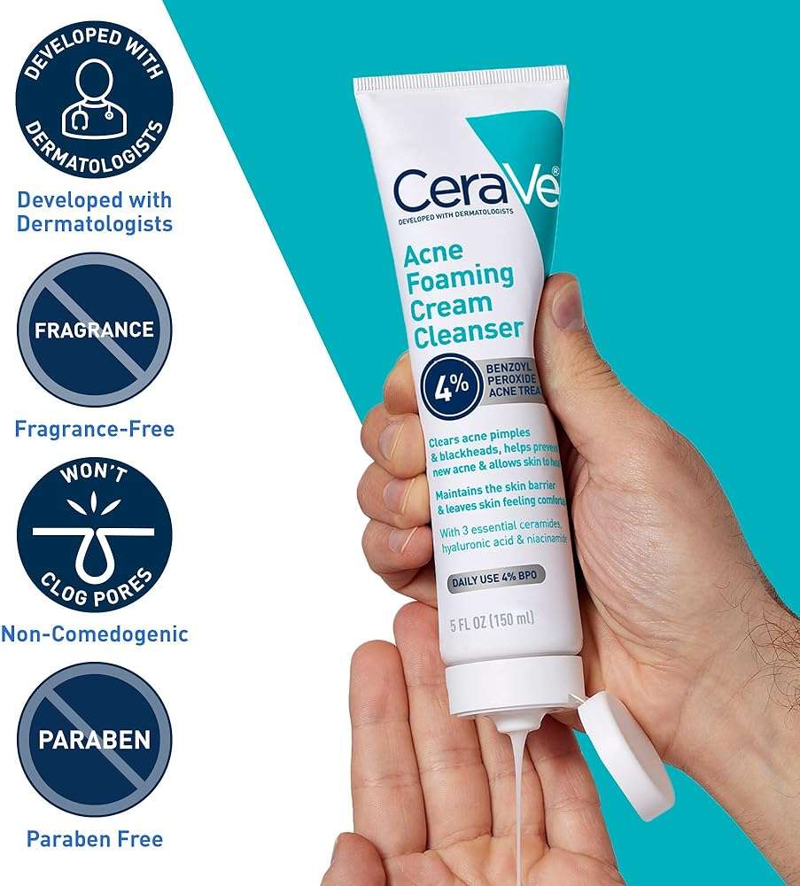 CeraVe Acne Foaming Cream Cleanser, 4% Benzoyl Peroxide Face Wash With Hyaluronic Acid, Niacinamide & Ceramides, Gentle Daily Acne Treatment For Face - Image 6