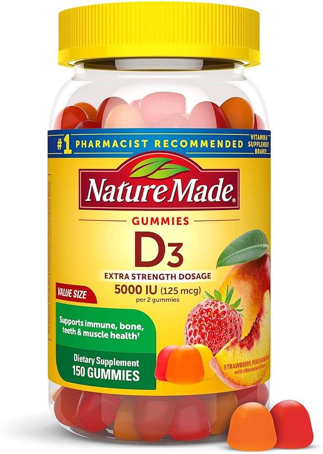 Nature Made Vitamin D3 5000 IU Per Serving Gummies Extra Strength, Bone and Immune Health Support, 150 Vitamin D Gummies for Adults, 75 Day Supply - Image 1