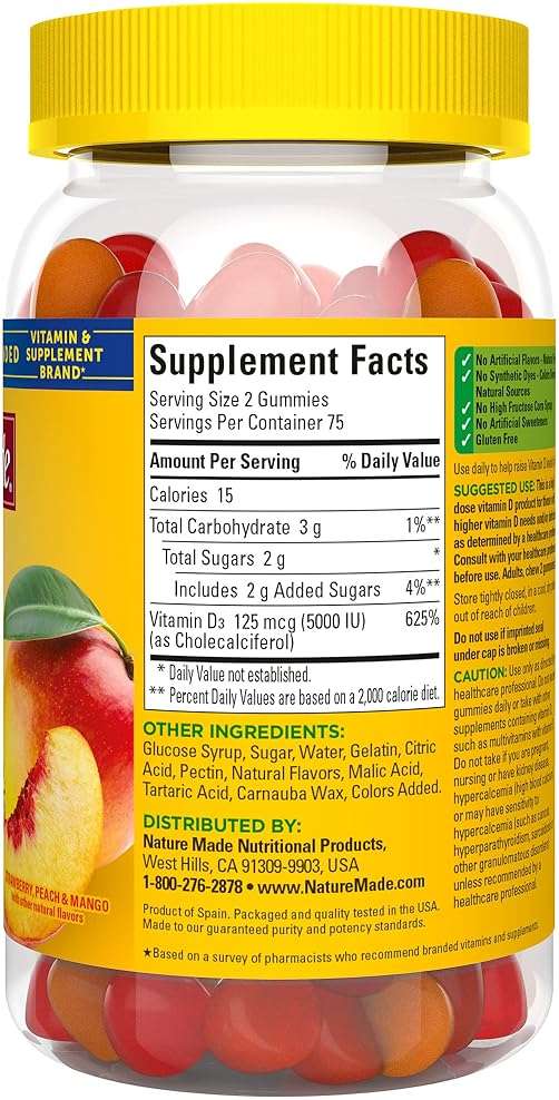 Nature Made Vitamin D3 5000 IU Per Serving Gummies Extra Strength, Bone and Immune Health Support, 150 Vitamin D Gummies for Adults, 75 Day Supply - Image 8