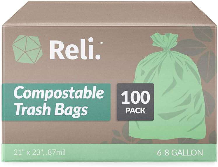 Reli. Compostable 6-8 Gallon Trash Bags | 100 Count | ASTM D6400 | Green | Eco-Friendly | For Compost - Image 1