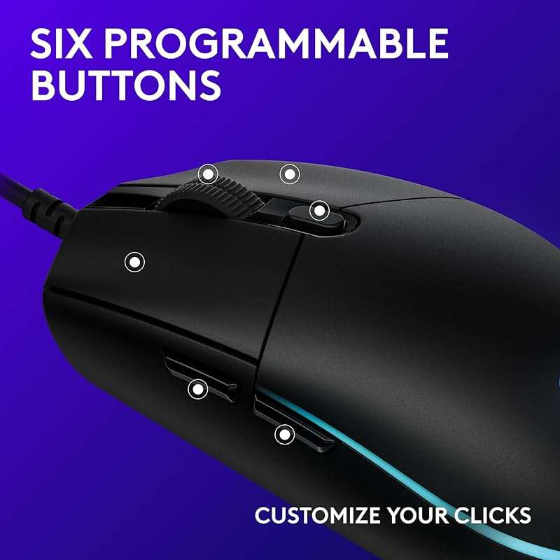 Logitech G203 Wired Gaming Mouse, 8,000 DPI, Rainbow Optical Effect LIGHTSYNC RGB, 6 Programmable Buttons, On-Board Memory, Screen Mapping, PC/Mac Computer and Laptop Compatible - Black - Image 3