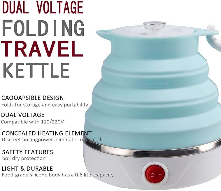Travel Foldable Electric Kettle, Collapsible Electric Kettle Food Grade Silicone Small Pot Boiling water,Dual Voltage（600ml,110-220V US Plug） (Blue) - Image 3