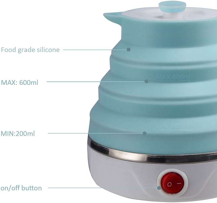 Travel Foldable Electric Kettle, Collapsible Electric Kettle Food Grade Silicone Small Pot Boiling water,Dual Voltage（600ml,110-220V US Plug） (Blue) - Image 5