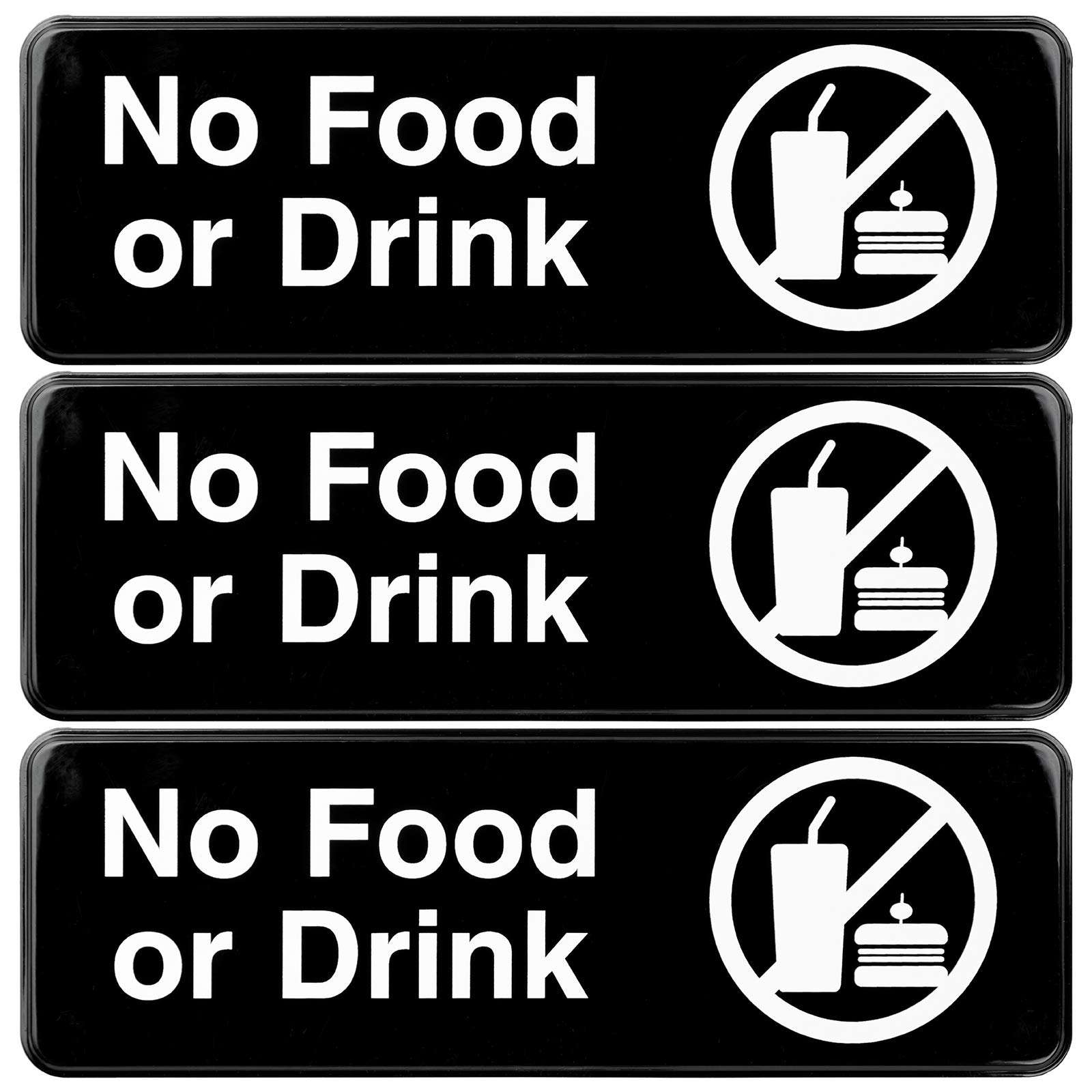 Excello Global Products No Food or Drink Sign: Easy to Mount Informative Plastic Sign with Symbols 9”x3”, Pack of 3 (Black) - Image 1
