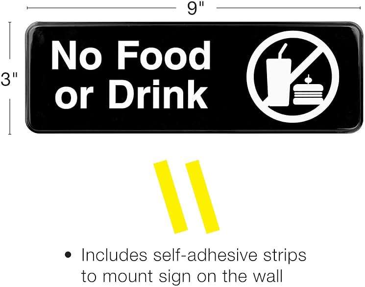 Excello Global Products No Food or Drink Sign: Easy to Mount Informative Plastic Sign with Symbols 9”x3”, Pack of 3 (Black) - Image 3