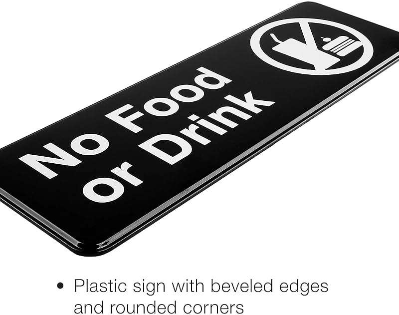 Excello Global Products No Food or Drink Sign: Easy to Mount Informative Plastic Sign with Symbols 9”x3”, Pack of 3 (Black) - Image 4