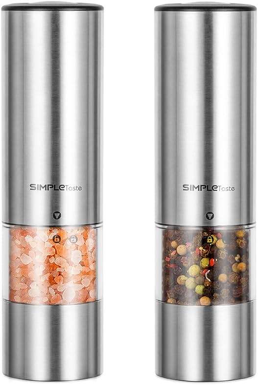 SIMPLETASTE Electric Salt and Pepper Grinder Set with LED Light, Automatic Pepper Mill Shakers with Adjustable Coarseness, One Hand Operation for Kitchen, Dining, Gifting, Silver, Battery Operated - Image 1