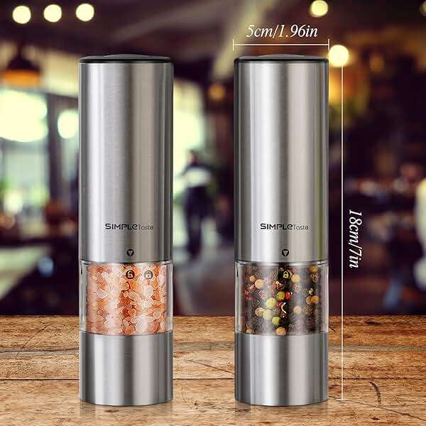 SIMPLETASTE Electric Salt and Pepper Grinder Set with LED Light, Automatic Pepper Mill Shakers with Adjustable Coarseness, One Hand Operation for Kitchen, Dining, Gifting, Silver, Battery Operated - Image 2