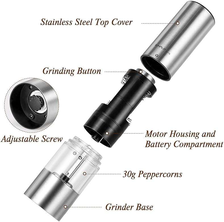 SIMPLETASTE Electric Salt and Pepper Grinder Set with LED Light, Automatic Pepper Mill Shakers with Adjustable Coarseness, One Hand Operation for Kitchen, Dining, Gifting, Silver, Battery Operated - Image 3