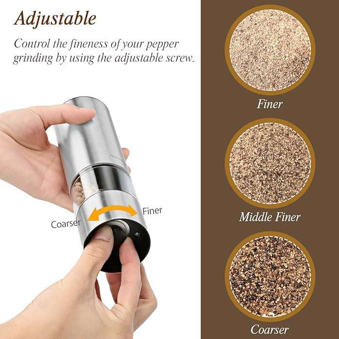 SIMPLETASTE Electric Salt and Pepper Grinder Set with LED Light, Automatic Pepper Mill Shakers with Adjustable Coarseness, One Hand Operation for Kitchen, Dining, Gifting, Silver, Battery Operated - Image 4