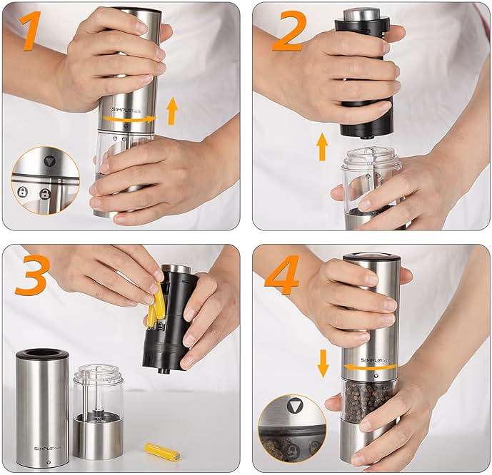 SIMPLETASTE Electric Salt and Pepper Grinder Set with LED Light, Automatic Pepper Mill Shakers with Adjustable Coarseness, One Hand Operation for Kitchen, Dining, Gifting, Silver, Battery Operated - Image 5