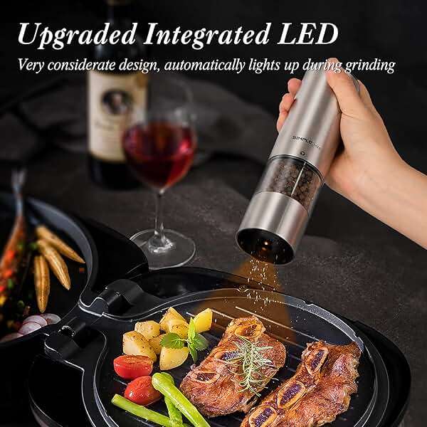 SIMPLETASTE Electric Salt and Pepper Grinder Set with LED Light, Automatic Pepper Mill Shakers with Adjustable Coarseness, One Hand Operation for Kitchen, Dining, Gifting, Silver, Battery Operated - Image 6